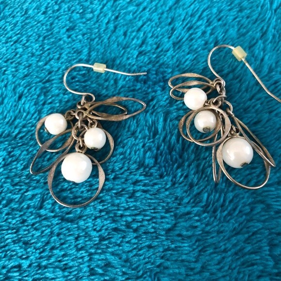 Dangling Faux Pearl and Silver Hoop Drop Earrings Back Stoppers Costume Jewelry - Picture 1 of 3
